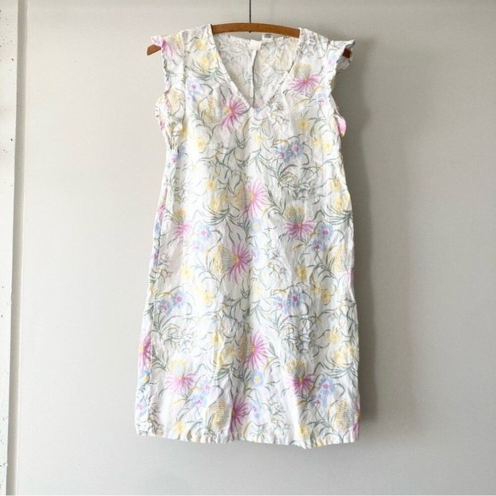 Joie Floral 100% Linen Ruffle‎ Cap Sleeve V-Neck Dress Sz XS